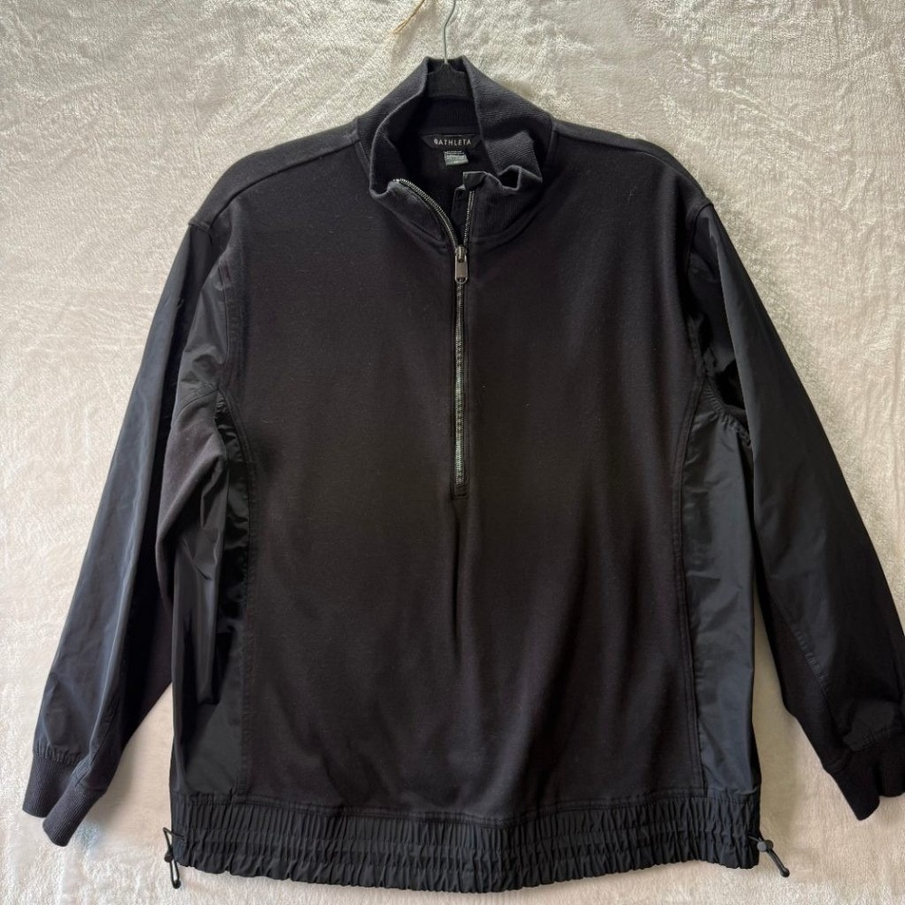 Athleta Black 1/4 Zip Pullover Mixed Media Mock Neck Drawstring Hem Womens M